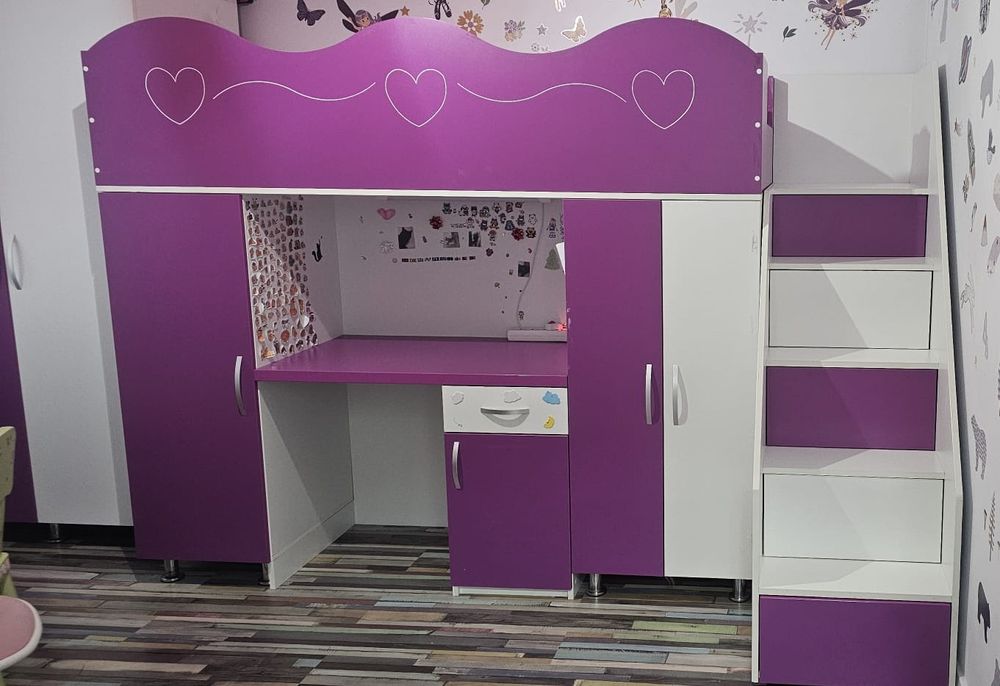 Mobila pt fete / Set mobilier cu pat pentru camera copii mov/alb
