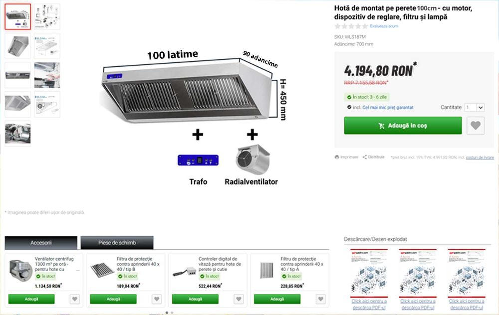 Hota industriala cu motor dispozitiv reglare - Filtre si lampa