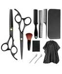 Set 11 accesorii tuns/filat, Inox, Foarfece, Pelerina, Pieptene, Negru