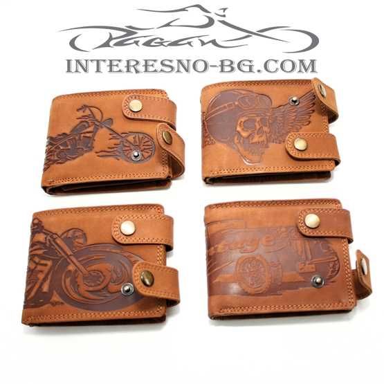 Рокерски портфейл от естествена кожа SKULL (red)