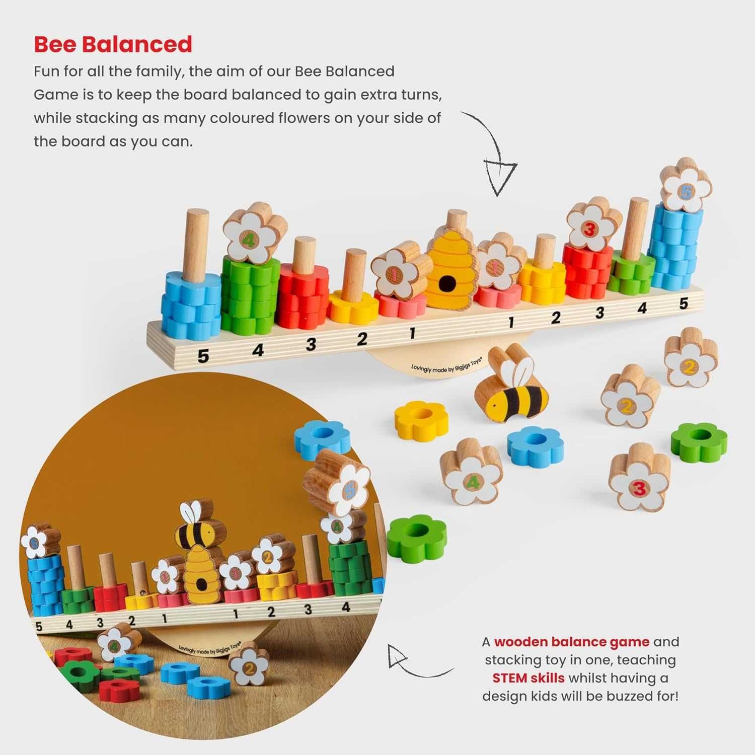 Bigjigs Toys Bee (44 бр.) - дървени игри за подреждане и балансиране