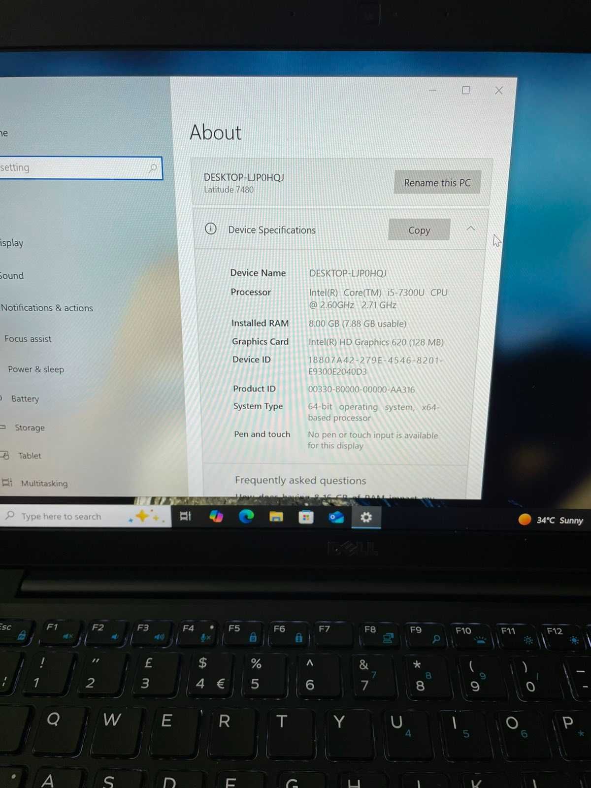 Dell 7480 - 14''FHD intel core i5 7300U, 8GB RAM, 128GB M.2 NVMe PCle