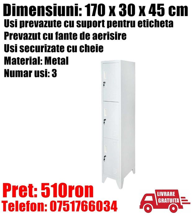 Dulap Vestiar Cabinet Depozitare Organizator Metalic 3 Usi 170x30x45cm