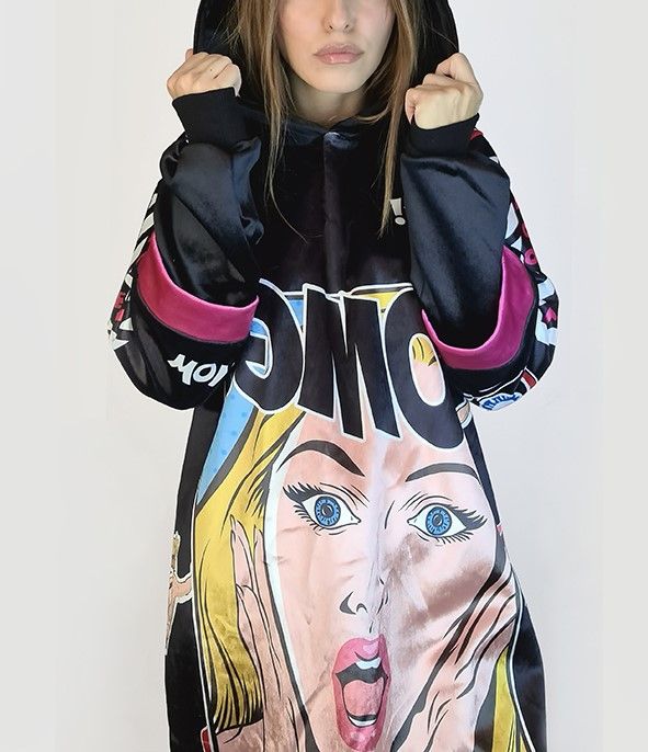 Hanorac Colorat Lung\ , Rochie cu gluga, din catifea, imprimeu desene