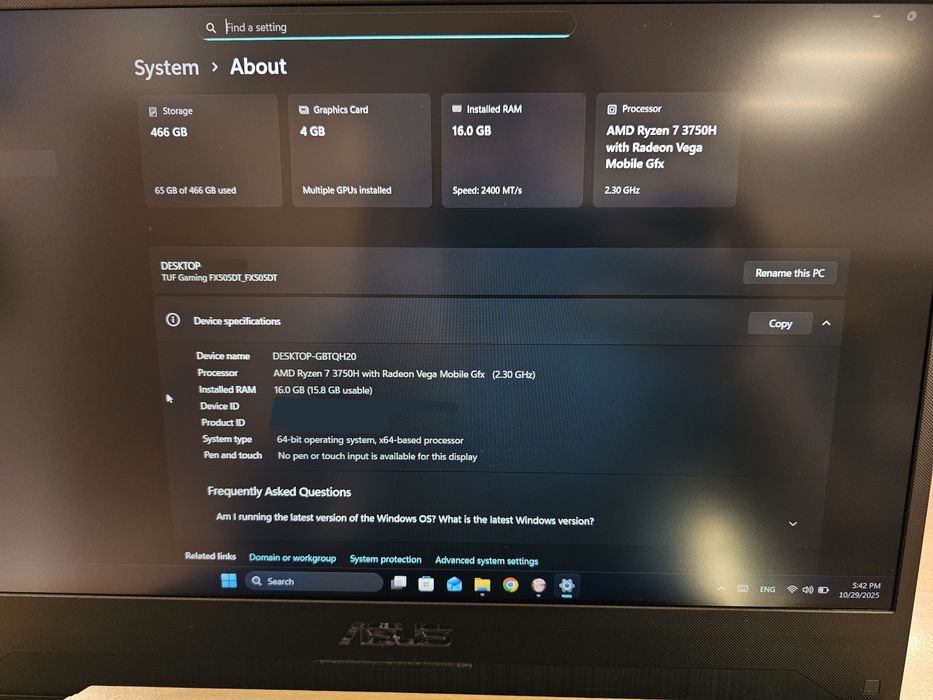 Laptop Gaming Asus FX505DT 16GB-RAM Ryzen7  1650 4Gb