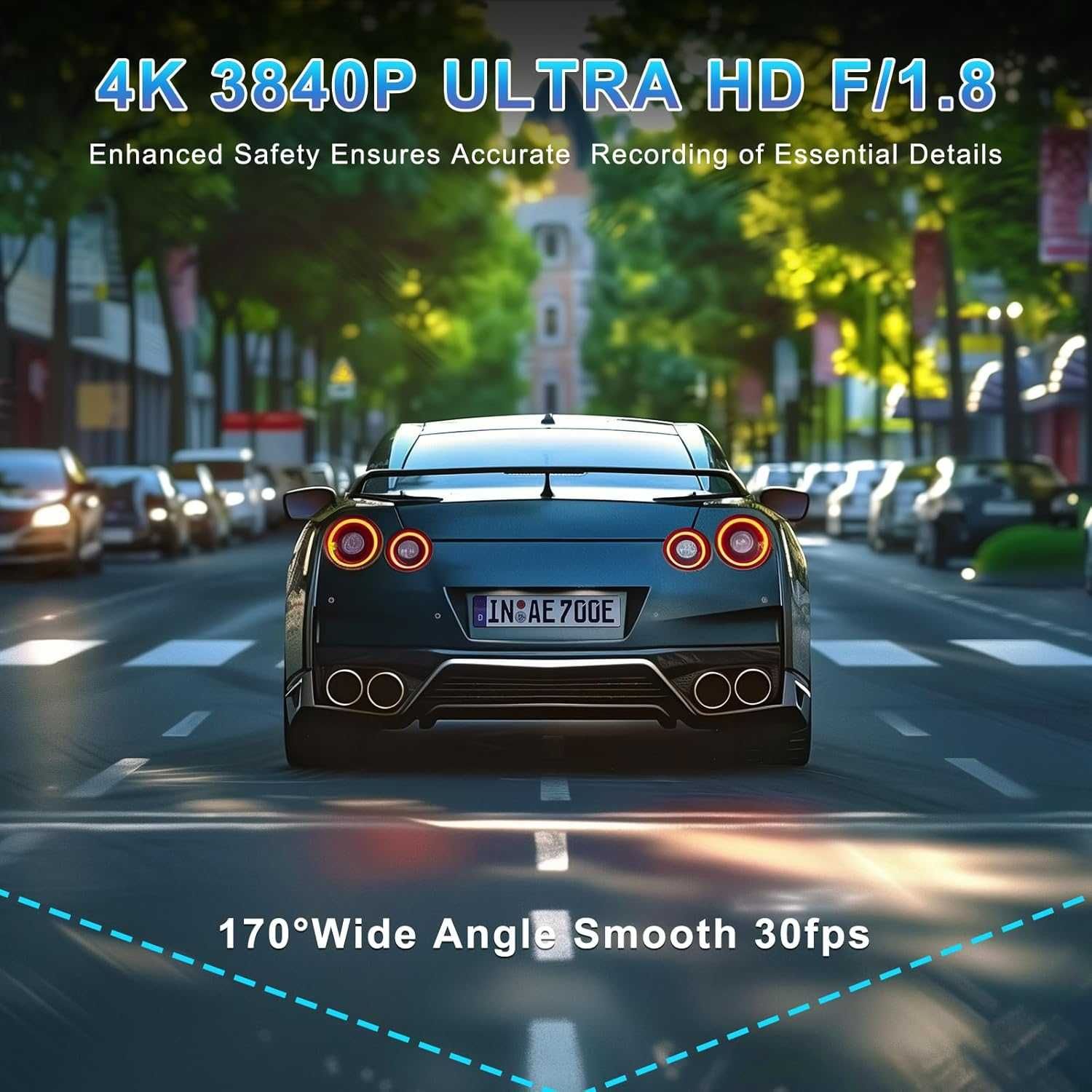 DYNACAM 4K/2K+1080P Dash Cam отпред и отзад, 64GB карта, 170°,G-сензор