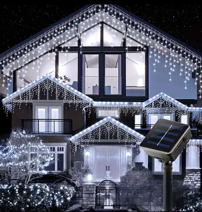 Соларни коледни лампички LED завеса 3м падащи висулки 100 диода