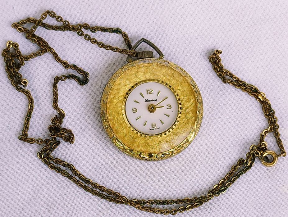 Ceas damă mecanic Lucerne, pandantiv cu lanț, un rubin, placat cu aur