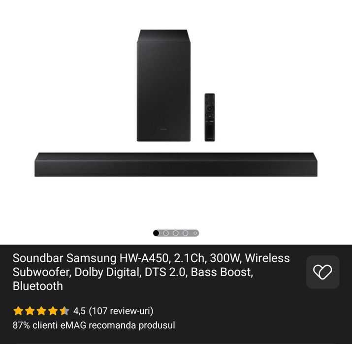 Soundbar Samsung HW-A450, 2.1Ch, 300W, Wireless Subwoofer, Dolby Digit
