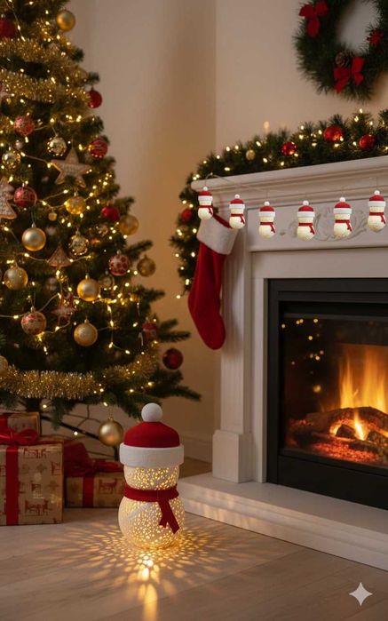 Om de zăpadă cu lumina caldă interioară