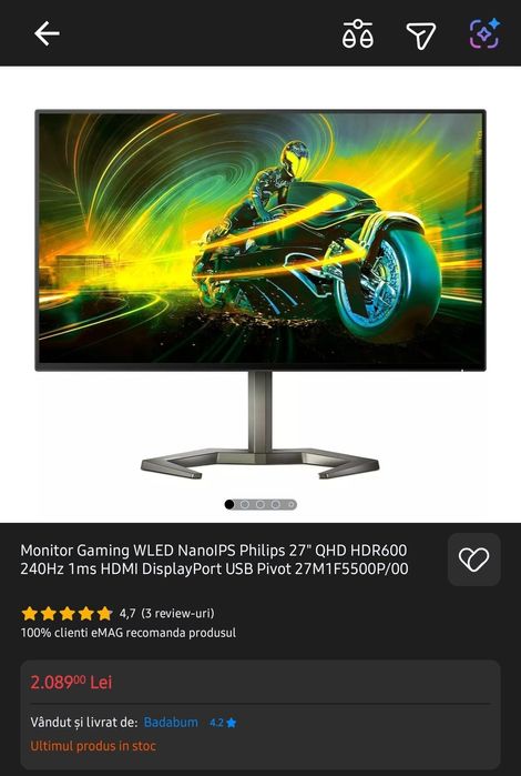 Monitor Gaming WLED NanoIPS Philips 27M1F5500P/00 QuadHD HDR600 240Hz