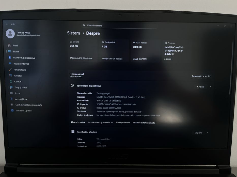 Vand laptop gaiming msi gf 63 Thin 9 SC