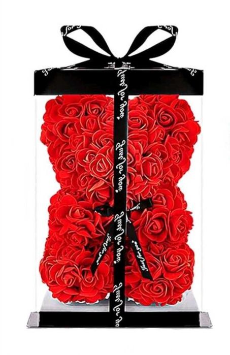 Мече от рози в кутия с панделка Луксозен подарък