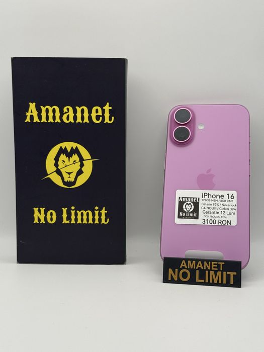 iPhone 16 128GB Baterie 92% Garantie 1AN Folie Cadou, AMANET NO LIMIT.