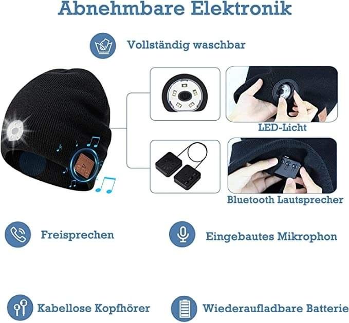 зимна плетена, музикална шапка с Bluetooth 5,0, фенер 5 Led, One Size,