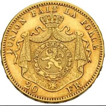 Златна монета 20 франка Белгия 1870 г РЯДКОСТ RRR