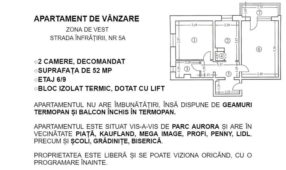 Apartament decomandat, 2 camere, strada Infratirii