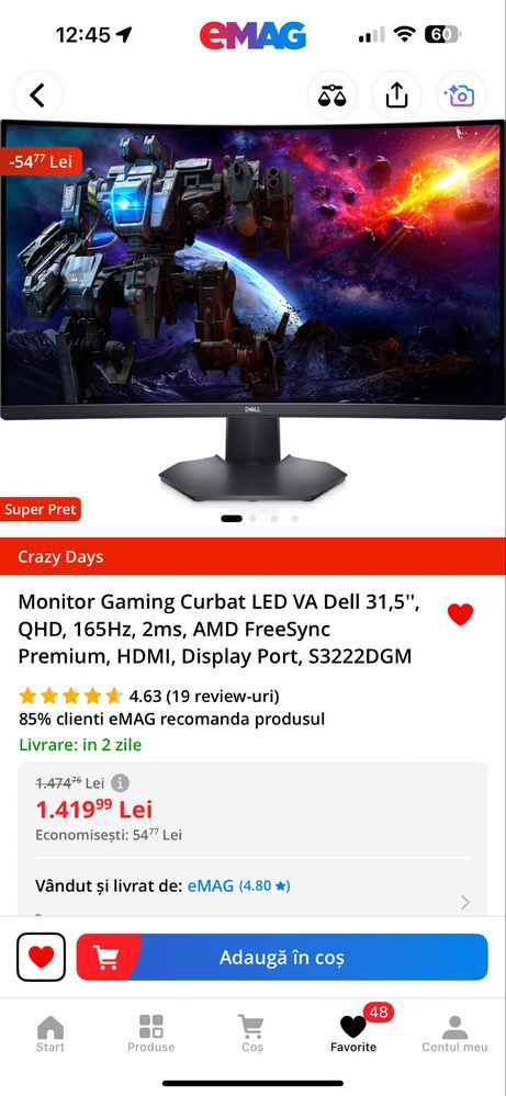 Monitor curbat Dell 31,5” LED S3222DGM gaming birou