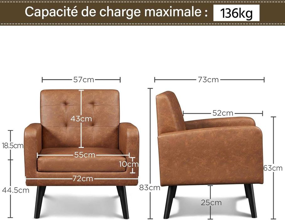 Fotoliu living piele ecologica, picioare din lemn |S 614138 Retro Brow