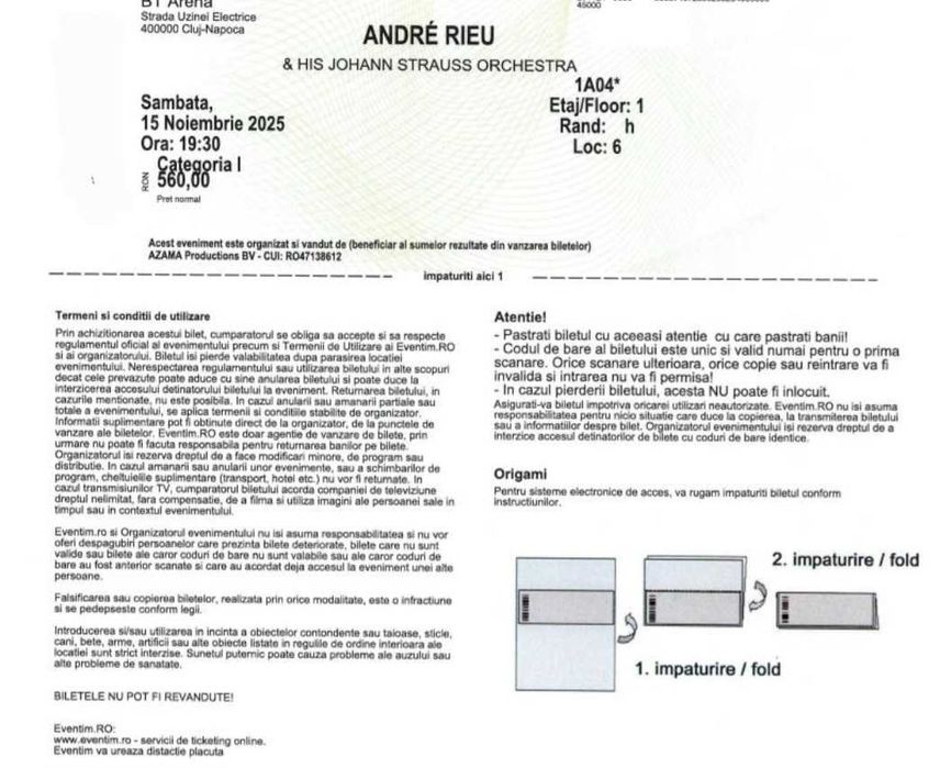Vând bilete la spectacolul Andre Rieu