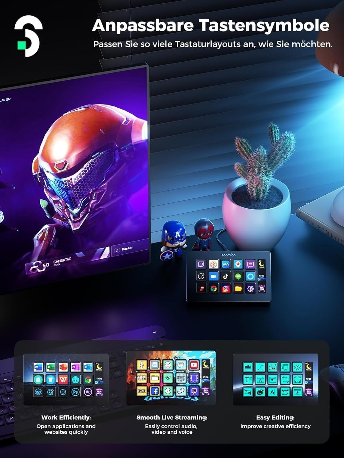 SOOMFON Stream Controller cu 15 taste LCD personalizabile macro, sigil