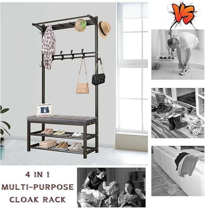 Намалено! Портмантo с пейка, гардероб с 10 куки, метална рамка, антре,