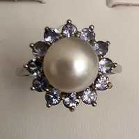 inel argint 925 cu perla alba si tanzanite