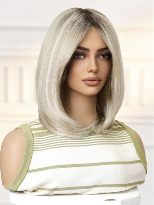 Peruca M1 Blond Bob Ombre Baza Satena Gri Blond Platinat Suvite Silver