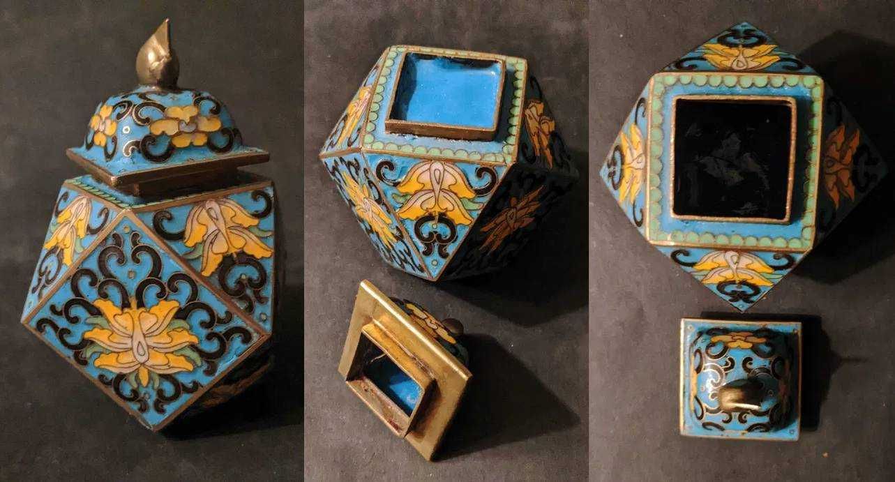 Sec. XIX Caseta BIJUTERII Cristal bizotat alama ORMOLU Cloisonne Email