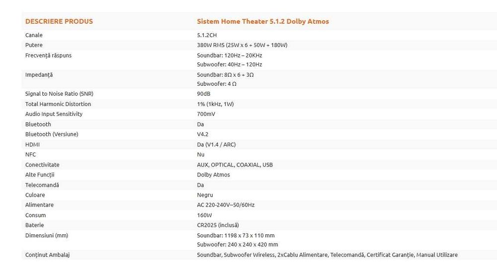 Soundbar Horizon Acustico HAV-H8700, 5.1.2, Dolby Atmos, 380W, sigilat