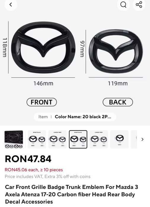 Sigle NEGRE Mazda 3 sau CX30 - NOI(dimensiuni in fotografiile atasate)