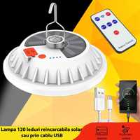 Lampa 120 LED-uri portabila pentru camping, 60 W, solara sau USB