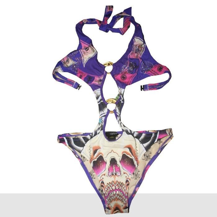 Costum de baie intreg monokini alb/mov cu imprimeu model geometric