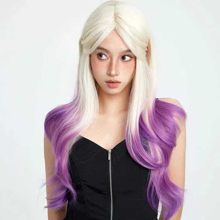 Синтетична руса перука с лилави краища