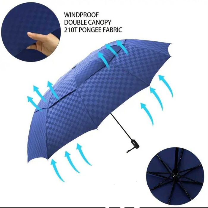 D122см голям автоматичен чадър с клапа за вятър, компактен сгънат 35см