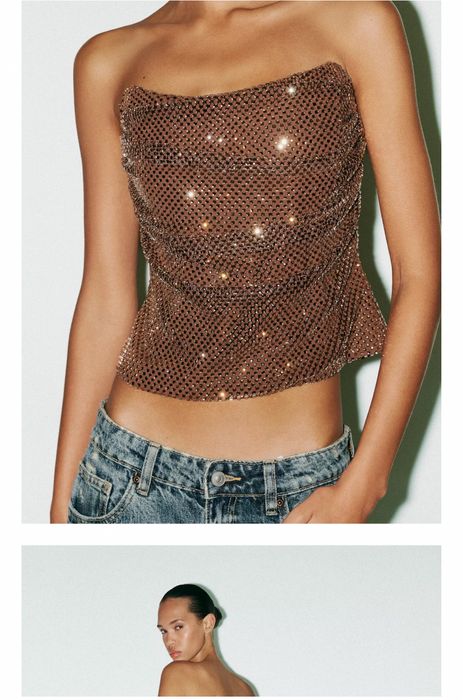 Zara блестящ топ в кафяво