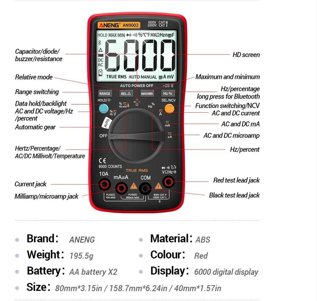 Aneng AN9002 True RMS AC/DC Bluetooth multimetru digital