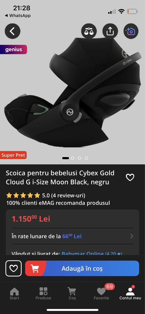 Scoica pentru bebelusi Cybex Gold Cloud G i-  Size Moon Black, negru.