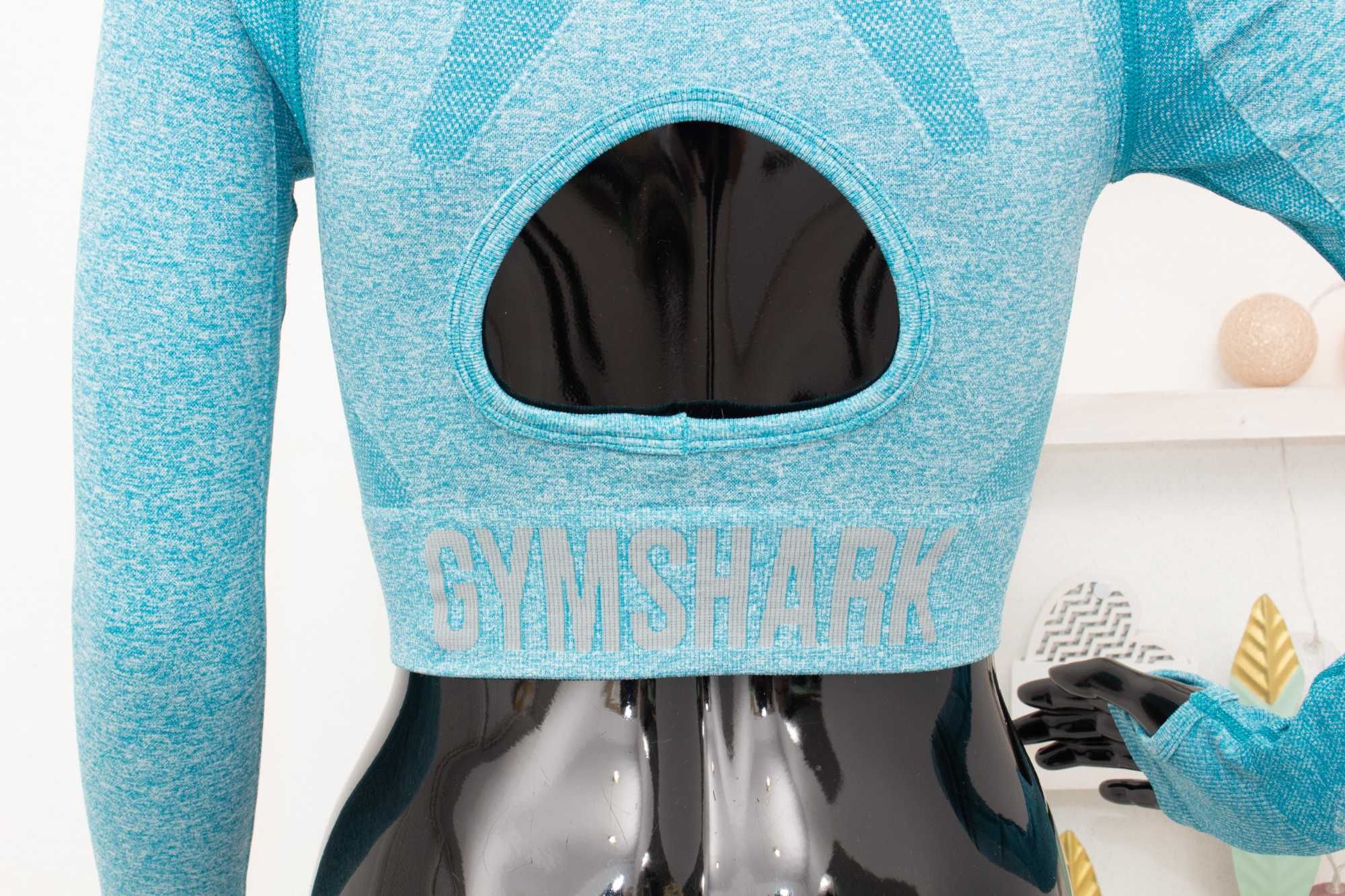 Gymshark дамски кроп топ фитнес къс син дълъг ръкав отвор на гърба S