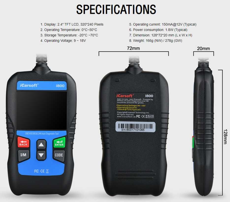 Scaner diagnoza tester auto, iCarsoft i800 – OBDII/EOBD