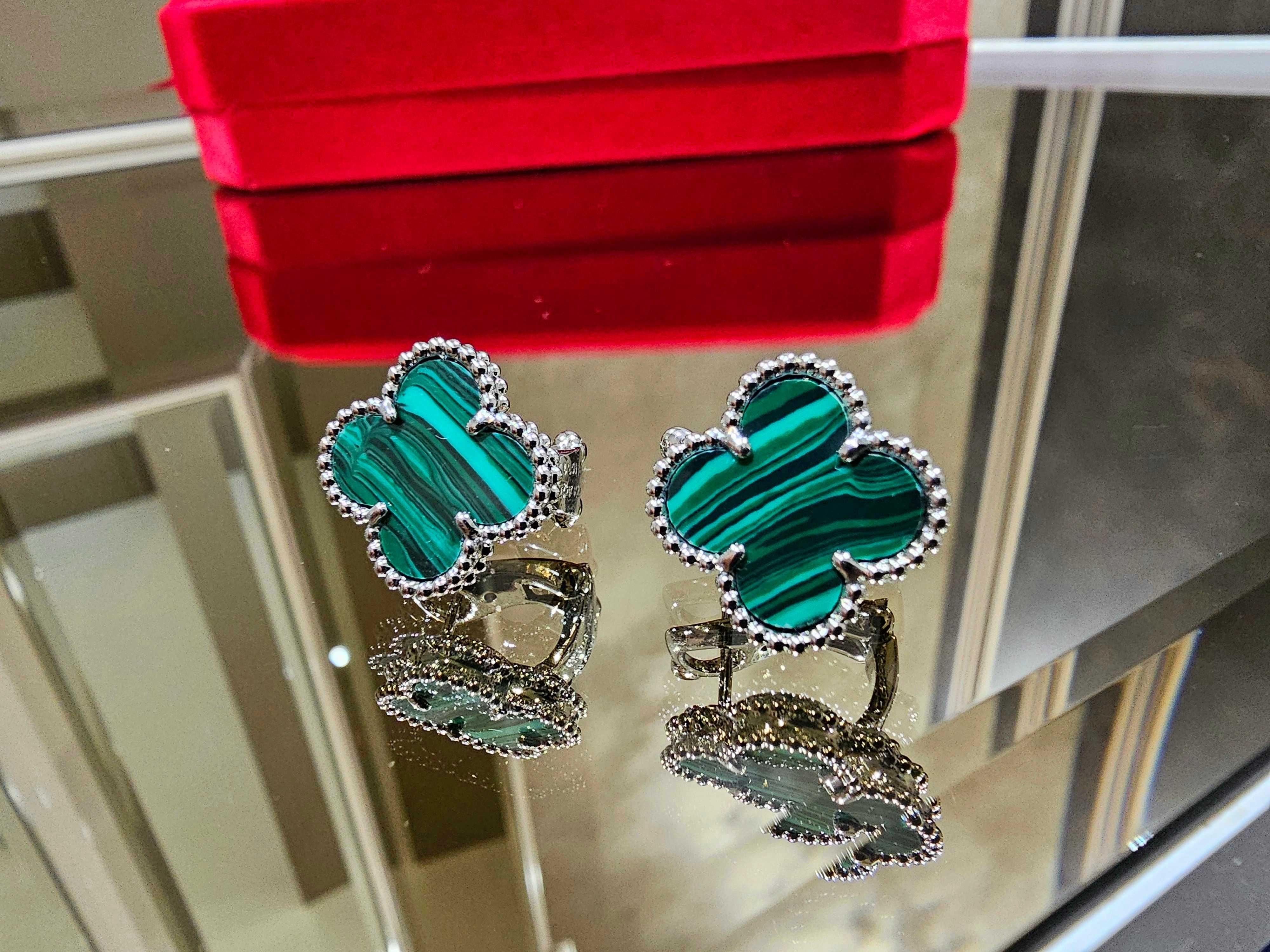 Van Cleef & Arpels VCA Silver Green Alhambra Clips Clover Дамски Обеци