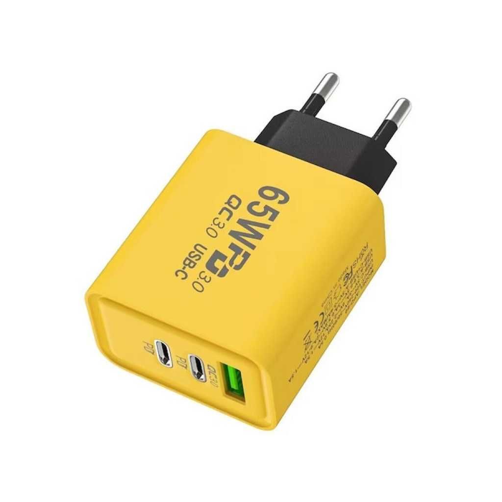 Бързо зарядно устройство 65W, 3 порта - 2x USB-C PD и 1x USB-A