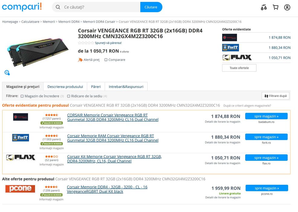 Corsair Vengeance RGB RT Gunmetal 32GB DDR4 3600MHz CL16