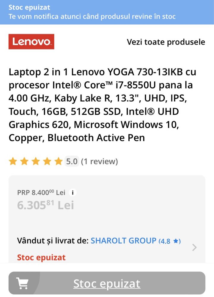 Ultrabook Laptop 2 in 1 Lenovo YOGA 730-13IKB Intel® Core™ i7-8550U