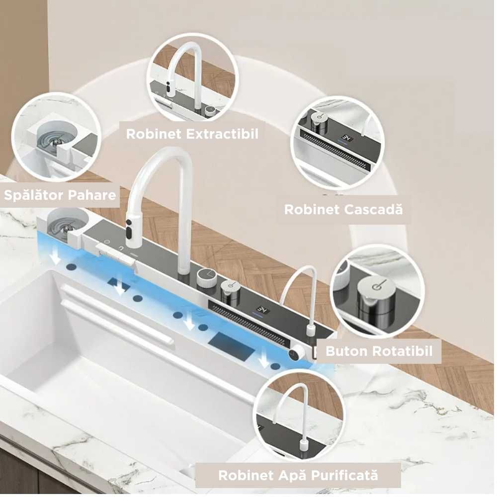 Chiuveta bucatarie multifunctionala,cu afisaj led, alb, 750x450 mm