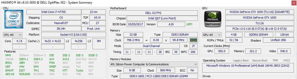 Desktop PC, i7-4770S, 32 GB DDR3-1600, Placa Video 4 GB GDDR6, Monitor