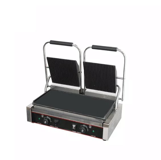 Panini grătar contact grill dublu, striat în partea de sus