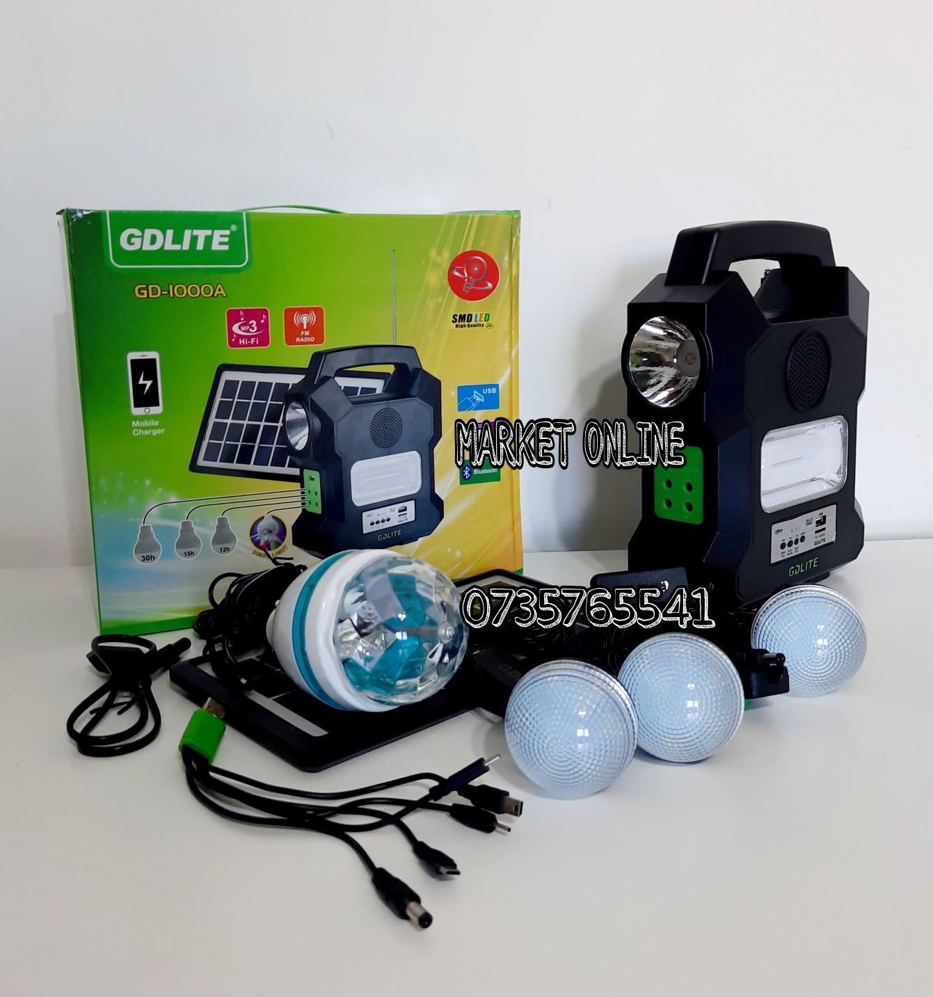 Kit solar portabil Gdlite GD 1000A bluetooth USB MP3 Radio FM 4 becuri
