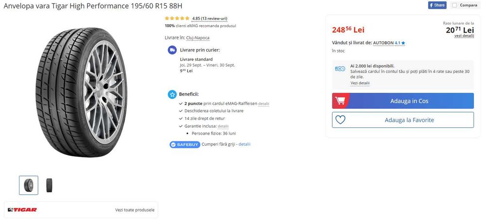 4 jante aliaj R15+ Anvelopa vara Tigar High Performance 195/60 R15 88H