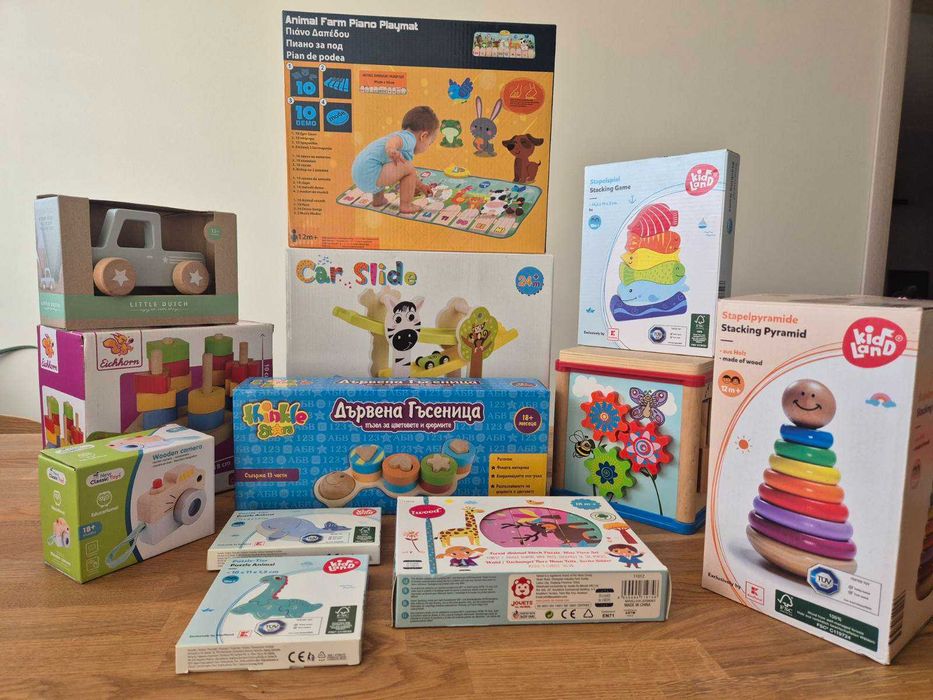 Дървени играчки 12+ месеца и музикално килимче